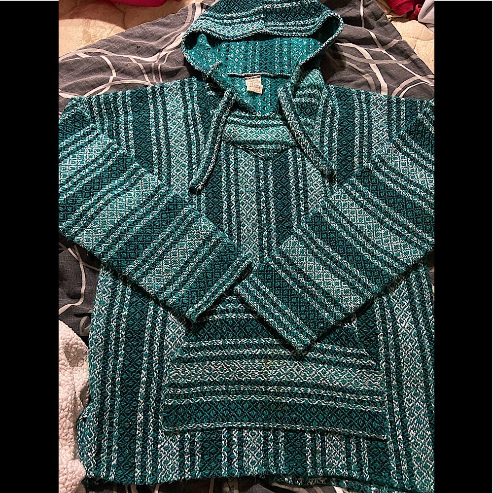 3/$22 vintage green Baja sweater drug rug XXXL